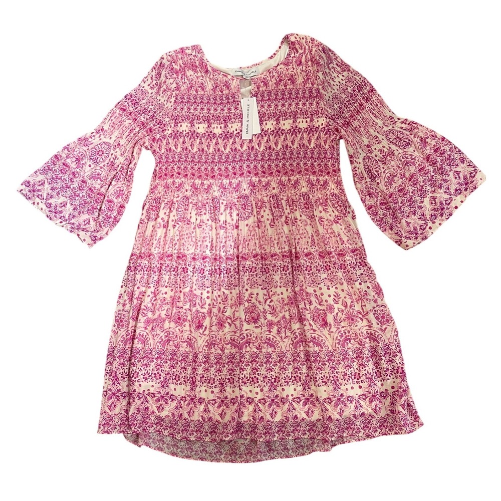 NWT Emma & Michele Pink Paisley Pleated Babydoll Dress Bell Sleeve Womens 3X